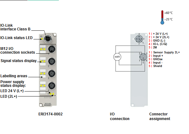 Beckhoff. IO Link Box, литой цинковый корпус, 4 аналоговых дифференциальных входа -10…+10 V или 0/4…20 мA, программируемый, 16 бит, М12 - ERI3174-0002 Beckhoff
