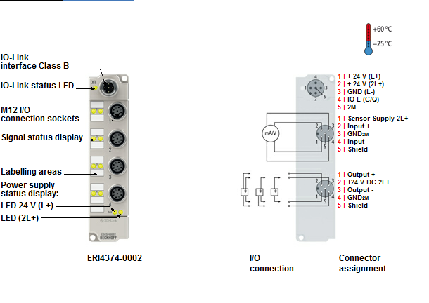 Beckhoff. IO Link Box, литой цинковый корпус, 2 аналоговых входа -10…+10 V или 0/4…20 мA, 2 аналоговых выхода -10…+10 V или 0/4…20 мA, программируемый, 16 бит, М12 - ERI4374-0002 Beckhoff